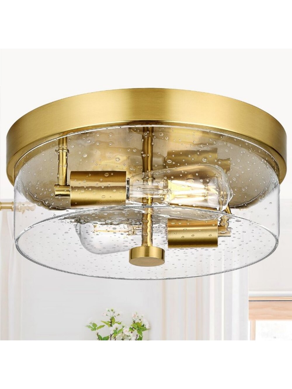 Stylish 2-Light Gold Flush Mount Ceiling Light Fixture with Seeded Glass Shade